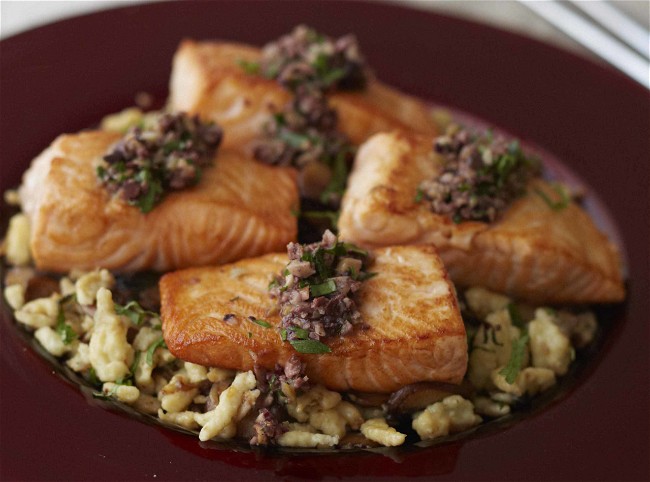 Image of Pan-Roasted Salmon with Herb Gnocchetti and Olive Vinaigrette