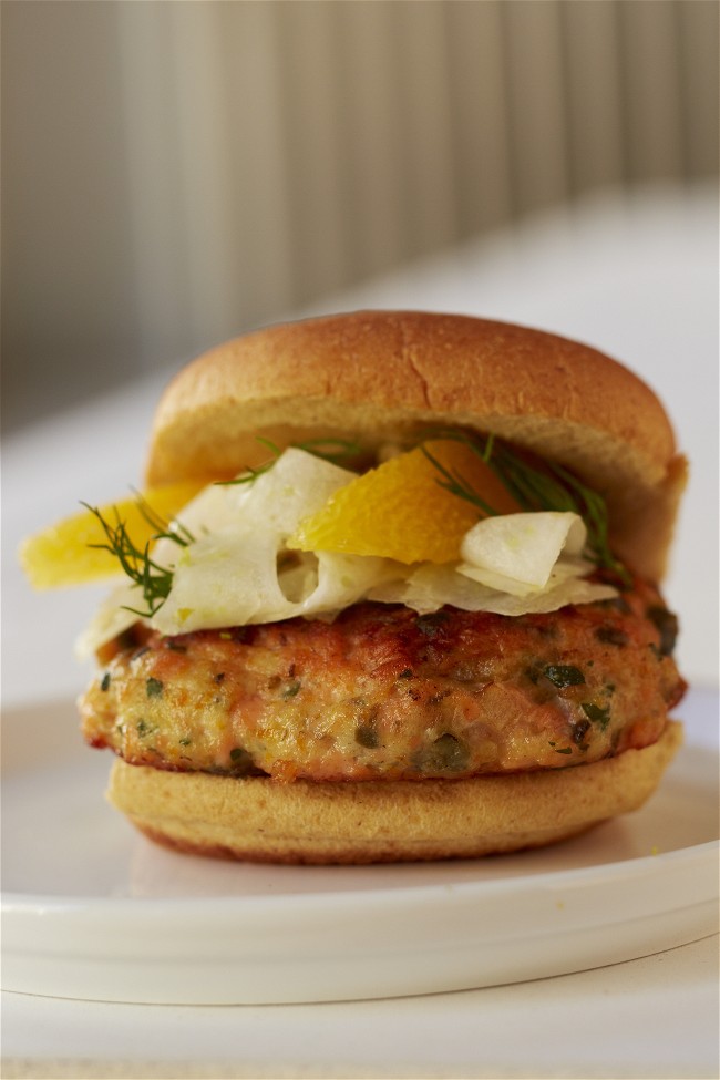 Image of Pan-Seared Salmon Burgers with Fennel Slaw