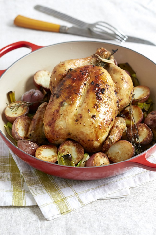 Image of Whole Roasted Chicken with Potatoes and Leeks