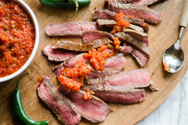 Image of Rib-Eye Steaks with Smokey Arrabiata Sauce