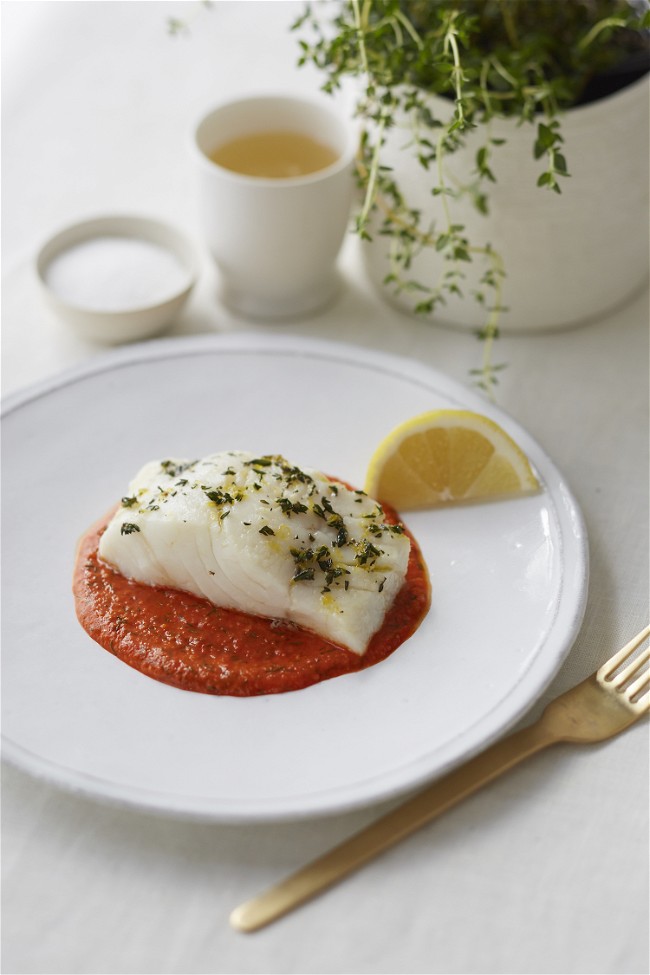 Image of Pequillo Pepper and Macadamia Pesto with Broiled Cod