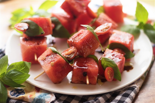Image of Watermelon, Tomato, and Basil Skewers