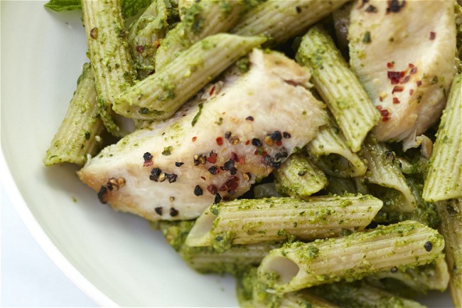 Image of Gluten-Free Penne with Lemon-Cumin Chicken and Pesto