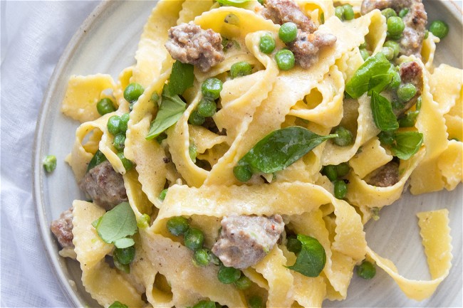 Image of Tagliatelle with Peas, Sausage and Ricotta
