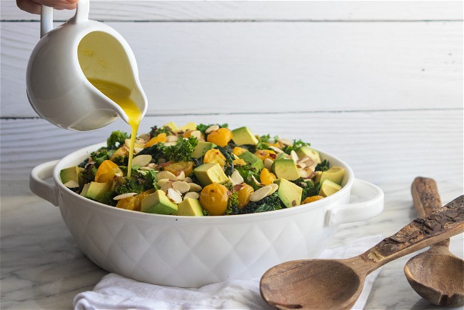 Image of Grilled Kale Salad with Roasted Sungolds and Avocado