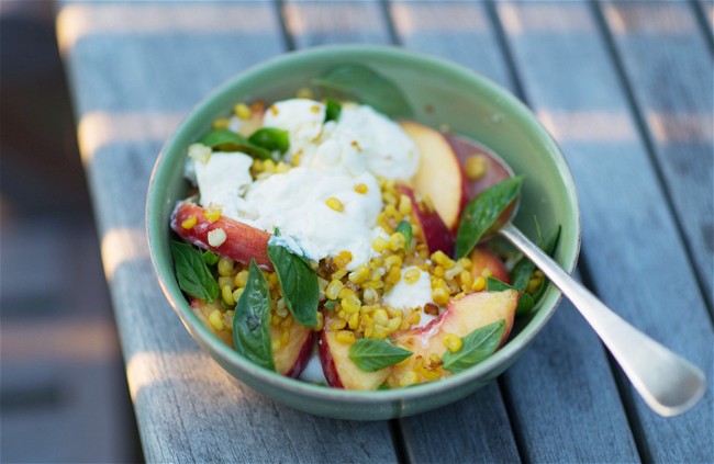 Image of Burrata with Corn and Peaches