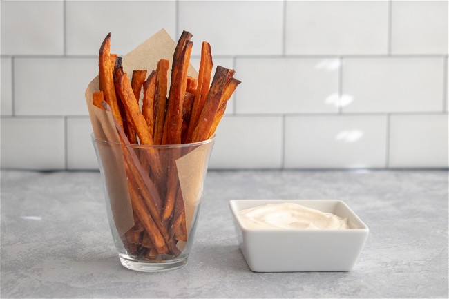 Image of Sweet Potato Fries with Basil Salt and Garlic Mayonnaise