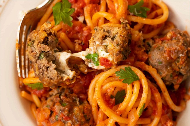 Image of Bucatini All'Amatriciana with Smoked Mozzarella Meatballs