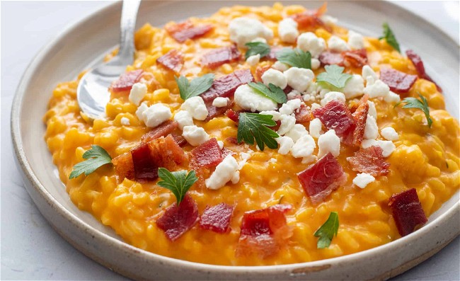 Image of Pumpkin Risotto with Goat Cheese and Bacon