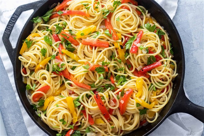 Image of Spaghetti With Red And Yellow Peppers