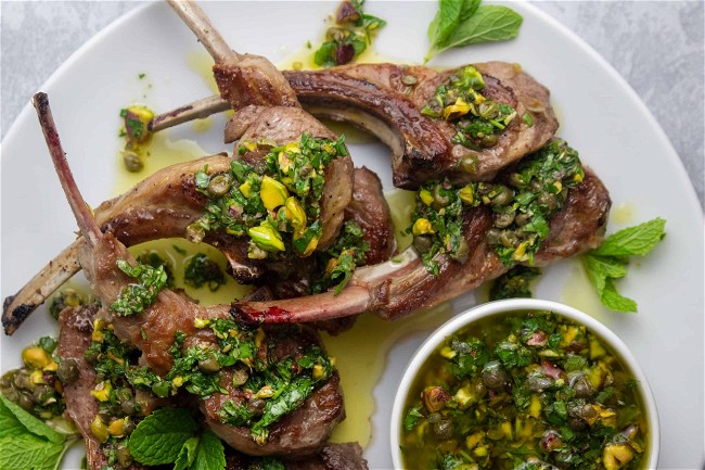 Image of Lamb Chops with Mint Pistachio Salsa Verde