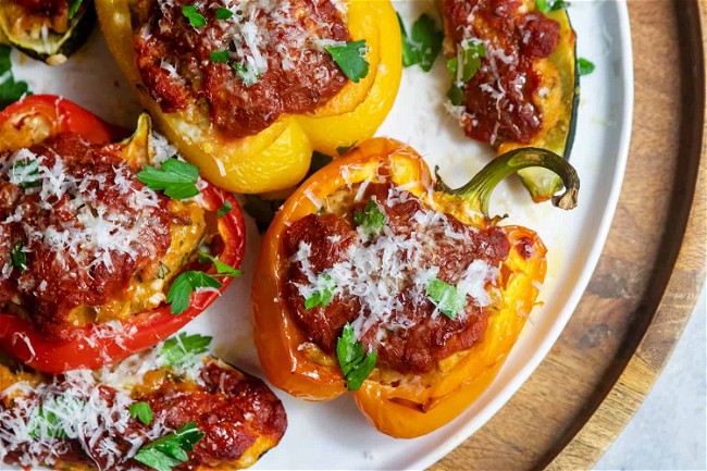 Image of Turkey-Stuffed Bell Peppers And Zucchini