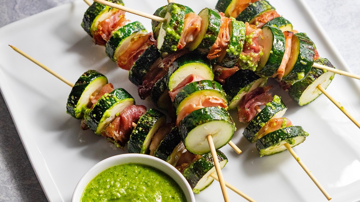 Grilled Veggie Skewers with Magic Green Sauce