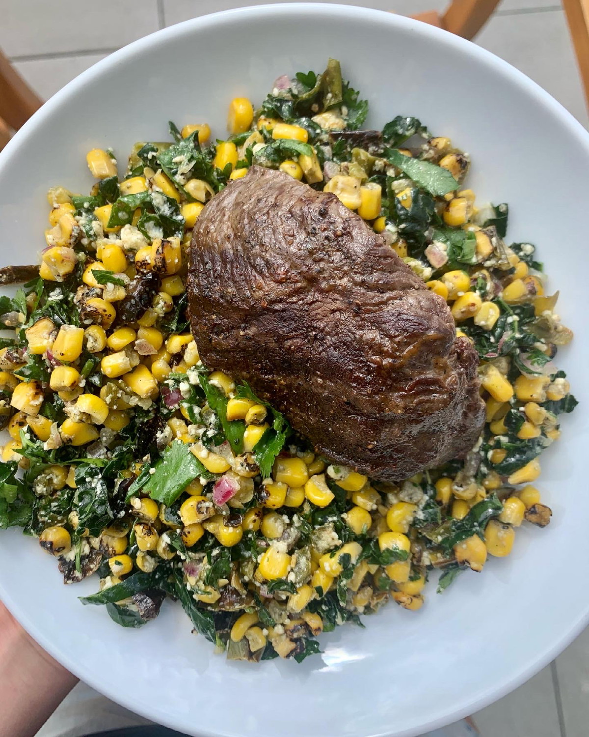 Grilled Steak Over Shishito Pepper and Corn Bowl