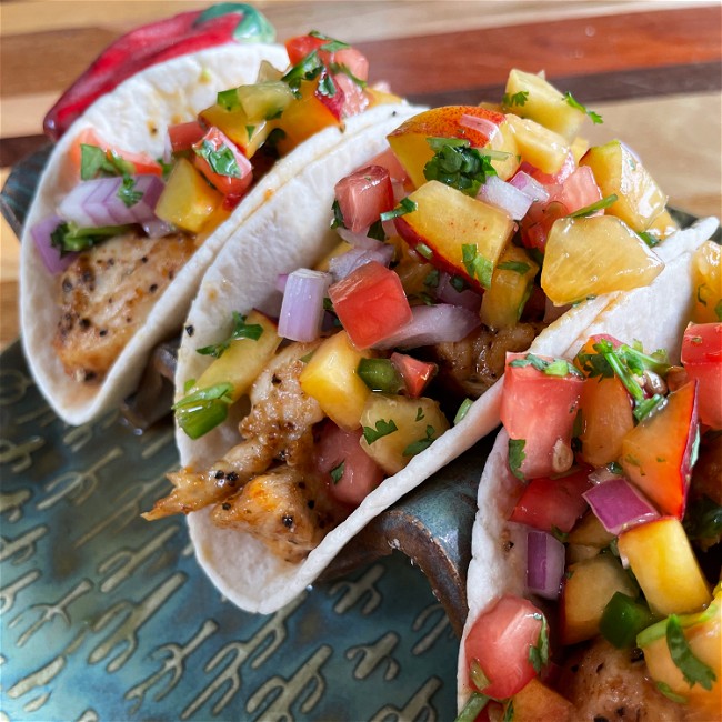 Image of Hot Honey Chicken Tacos with Peach Salsa