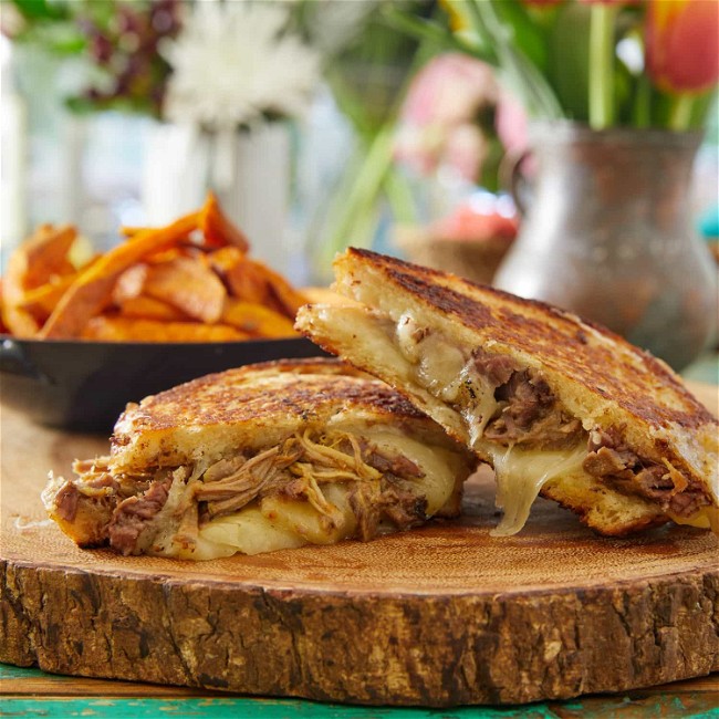 Image of Grilled Lamb & Cheese Sandwich with Sweet Potato Fries Recipe