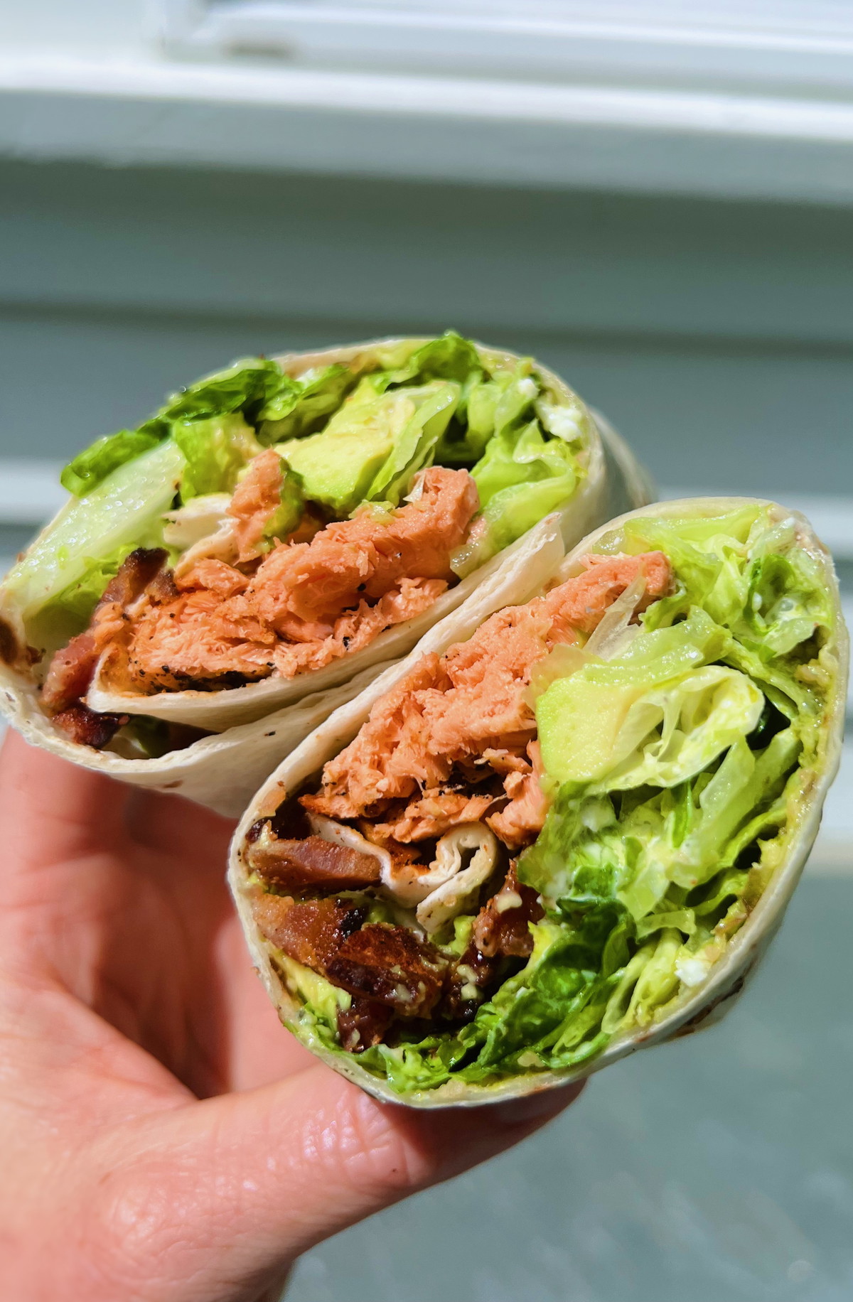 Salmon Bacon Avocado Caesar Salad Wrap