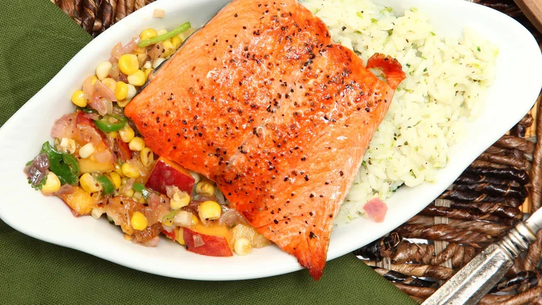 Image of True Lime Fish with Corn and Peach Salsa