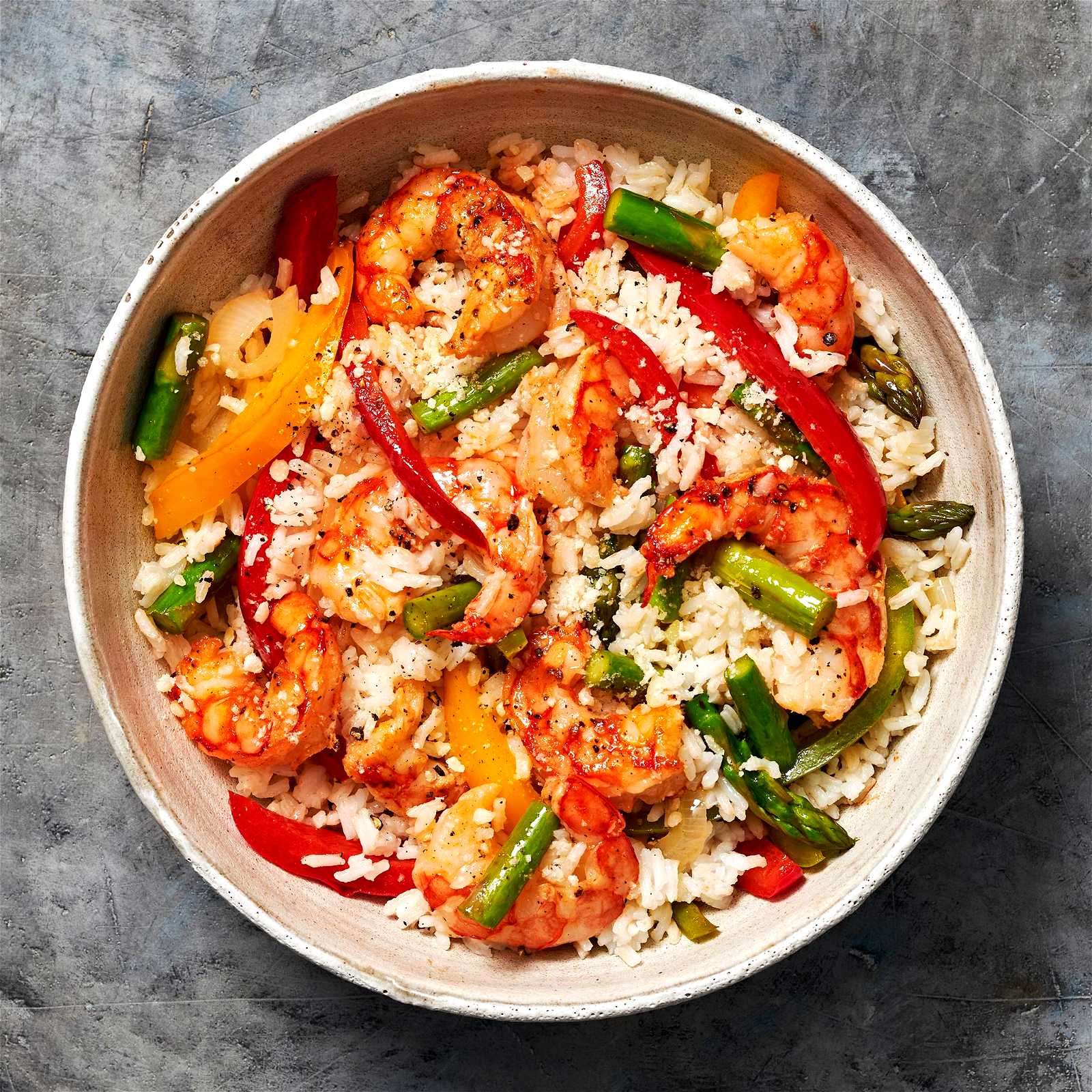 Image of Three Pepper Rice with Shrimp and Asparagus