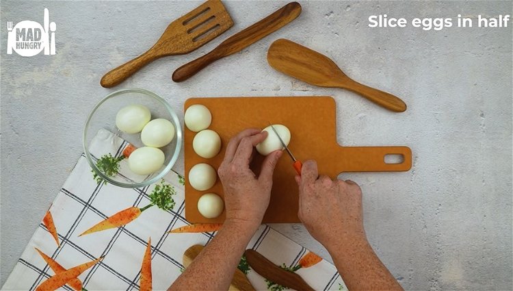 Image of Using a small sharp knife, Slice eggs horizontally, 1/3 of...