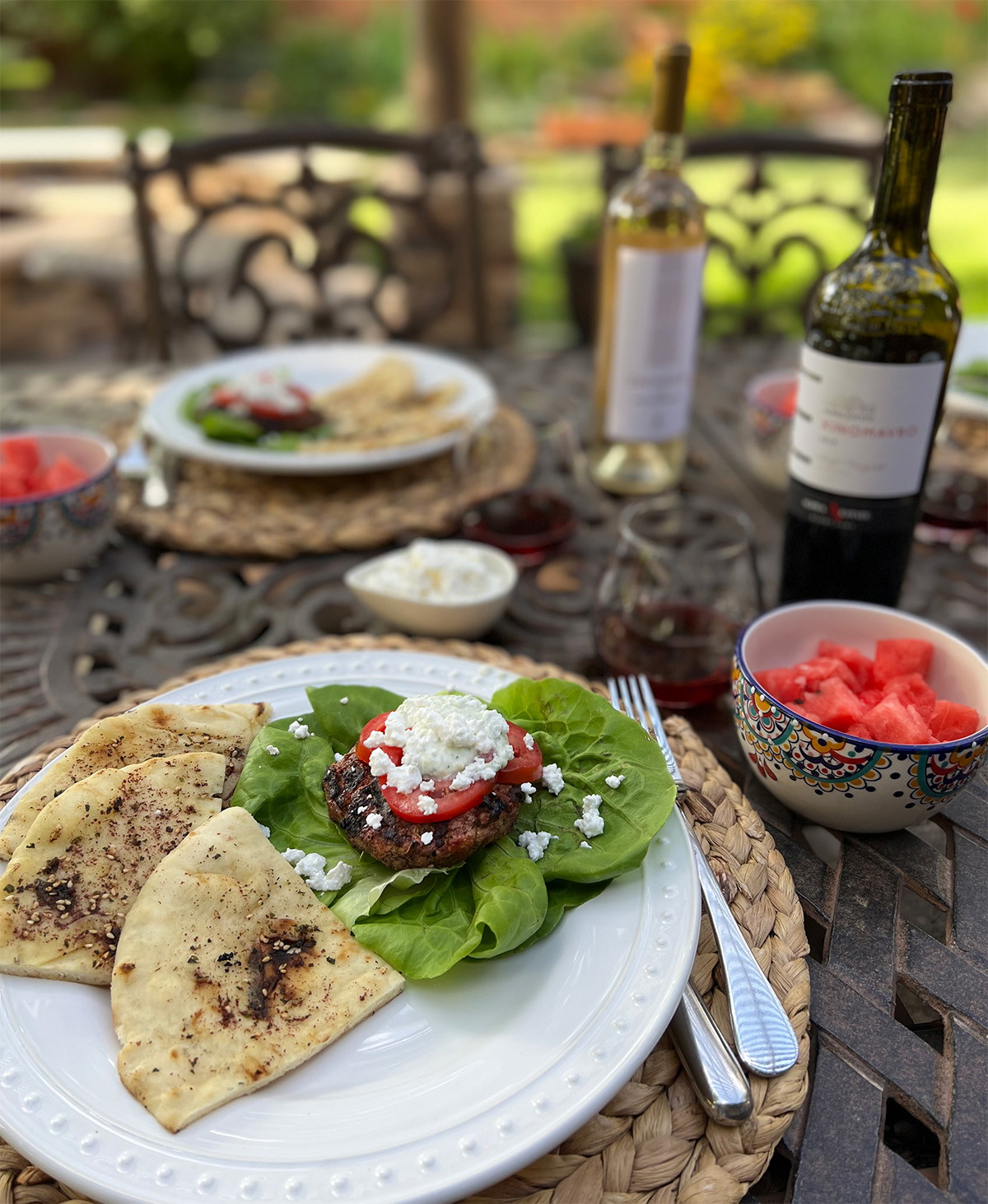 Greek Burgers with Feta, Tzatziki, Tomatoes, and Grilled Naan Bread