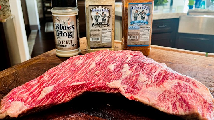 Image of Coat the tri-tip lightly with dry Blues Hog Beef Marinade...