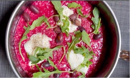Image of Beet Orzotto with Beet Pesto, Burrata, and Arugula