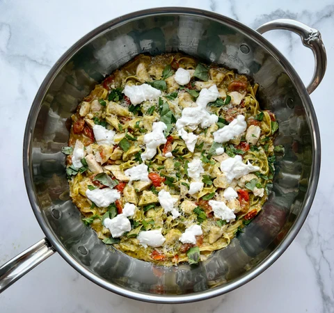 Image of Chicken Fettuccine with Pesto, Cherry Tomatoes, and Burrata