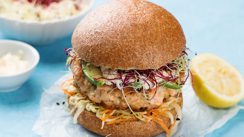 Image of Grilled Jerk Salmon Burgers with Slaw