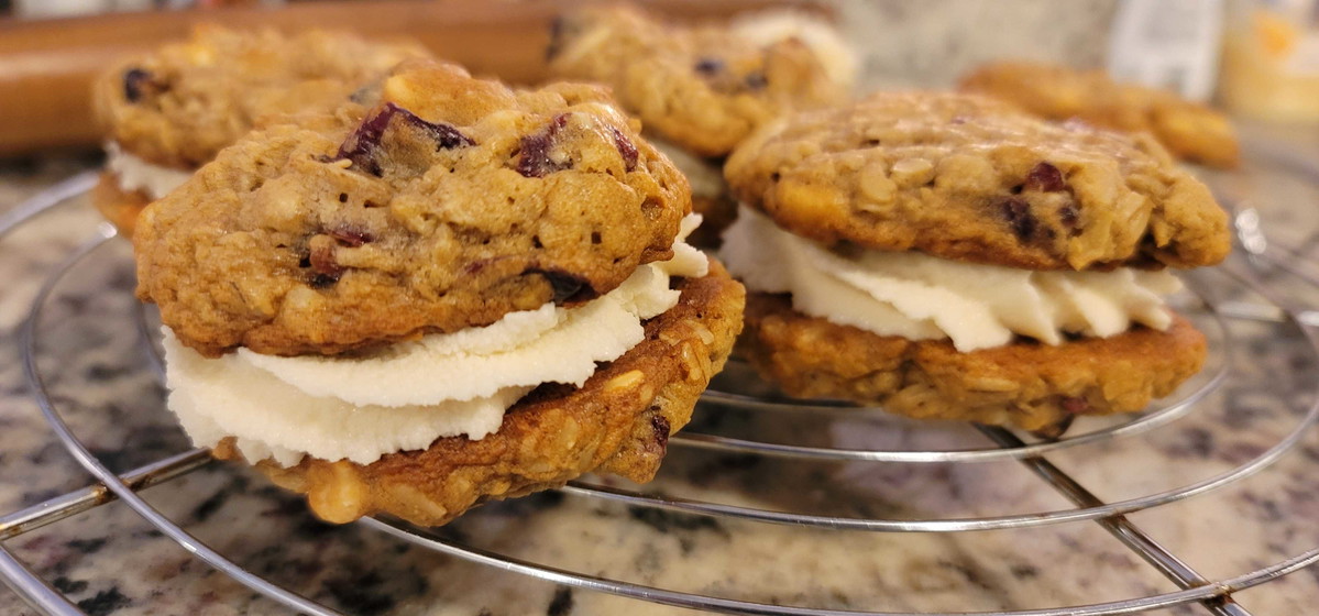 Cranberry White Chocolate Oatmeal Cookies with Sour Cream Frosting