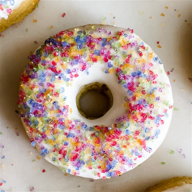 Image of Paleo Vanilla Donuts with Rainbow Crystal Sugar