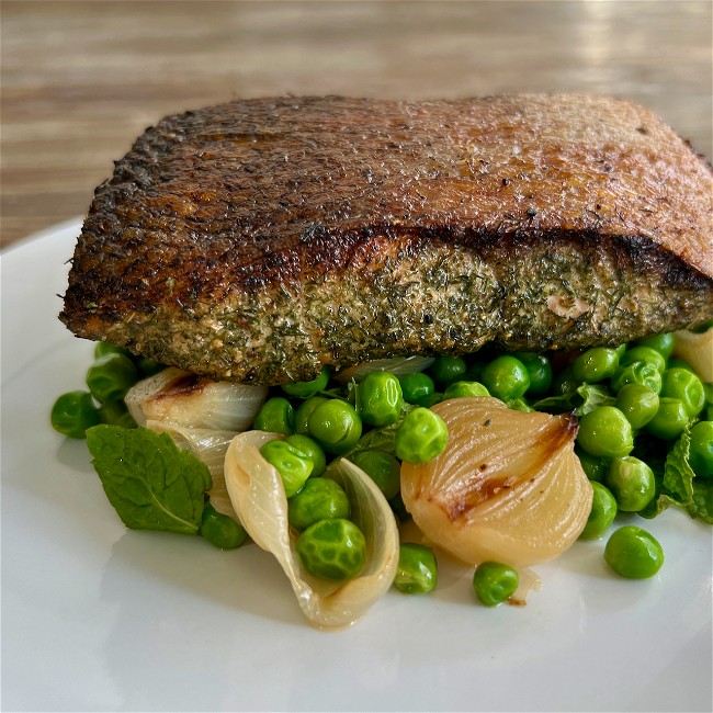 Image of Crispy Skin Salmon with Peas and Mint