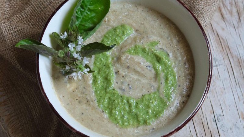 Image of Eggplant Soup with Basil Pesto