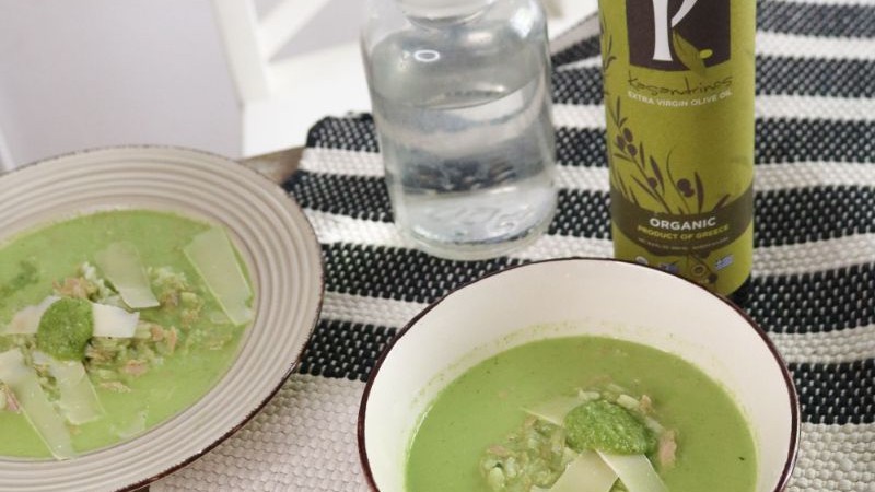 Image of Rice Tuna Soup with Basil Pesto and Feta Cheese