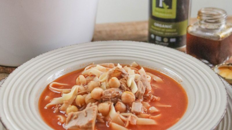 Image of Tuna Chickpea Pasta Soup with Paprika Olive Oil