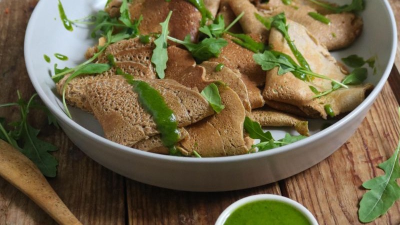 Image of Crepes With Arugula-Walnut Pesto