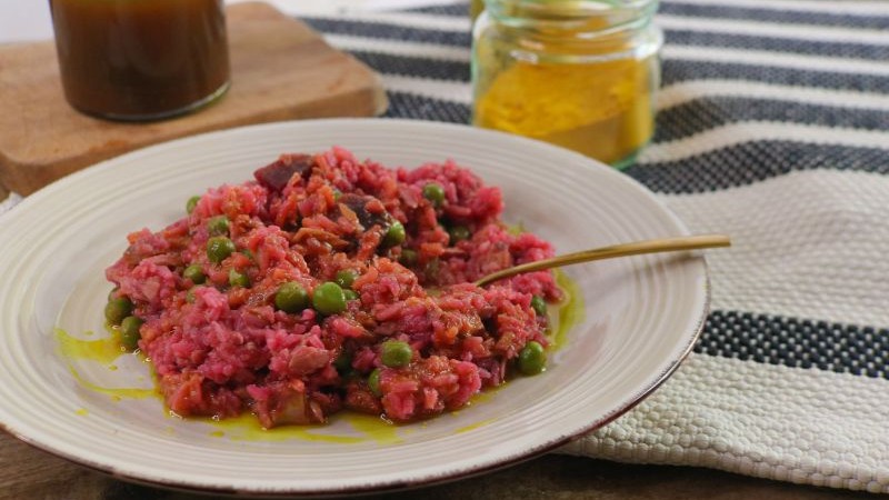 Image of Beetroot Risotto With Peas And Turmeric Olive Oil