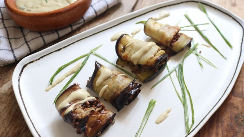 Image of Eggplant Rolls With Tahini Olive Oil Dressing