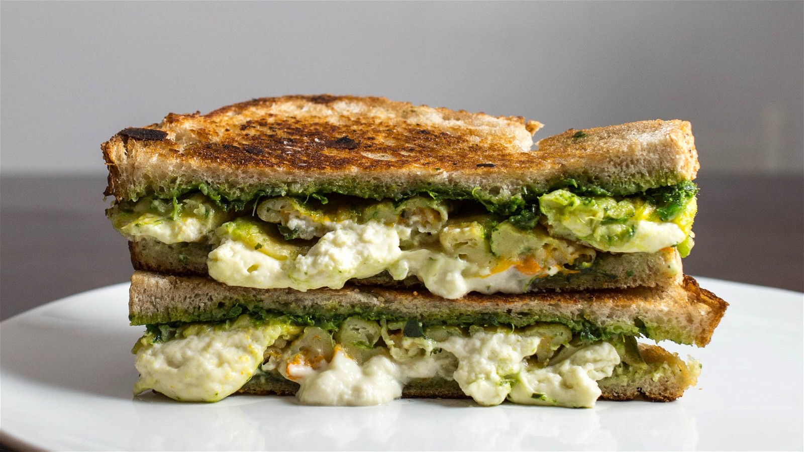 Image of Grilled Cheese with Fried Mozzarella Squash Blossoms and Parsley Pesto Recipe
