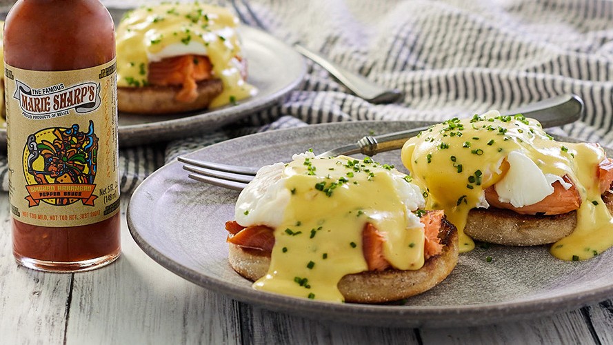 Image of Smoked Salmon Eggs Benedict with Marie Sharp’s Smoked Habanero Sauce