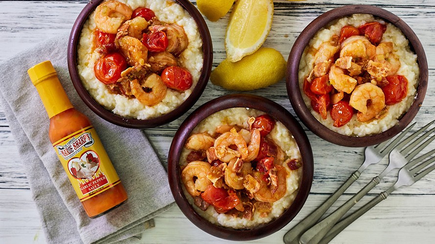 Image of Garlicky Shrimp and Cheese Grits with Garlic Habanero Pepper Hot Sauce
