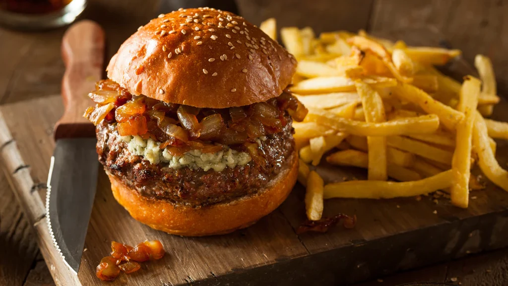 Image of Blue Cheese Burgers with Chives and Sun-Dried Tomatoes