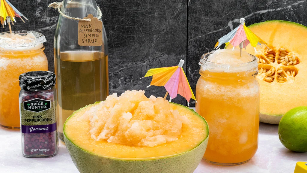 Image of Frozen Cantaloupe Margaritas with Pink Peppercorn Simple Syrup