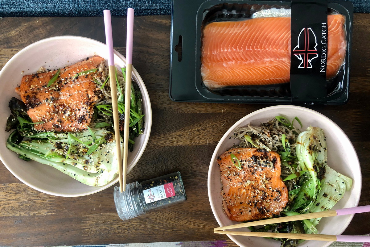 Maple Glazed Trout w/ Sesame Noodles and Grilled Veggies