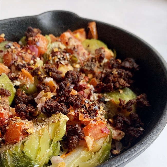 Image of Chorizo Parmesan Brussels Sprouts Skillet