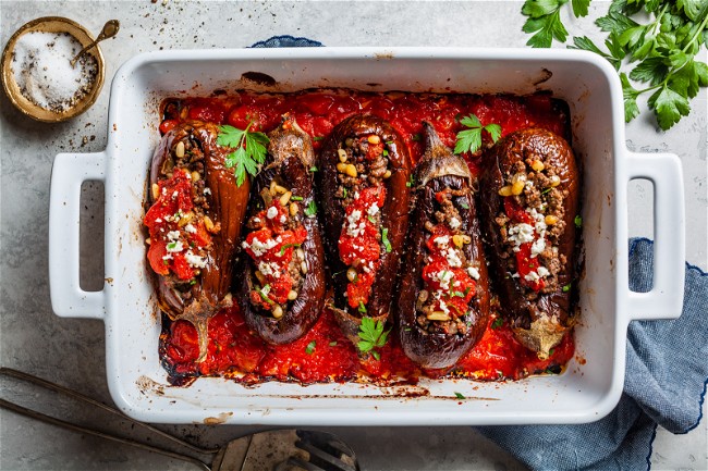 Image of Japanese Eggplant With Ground Beef and Pine Nuts