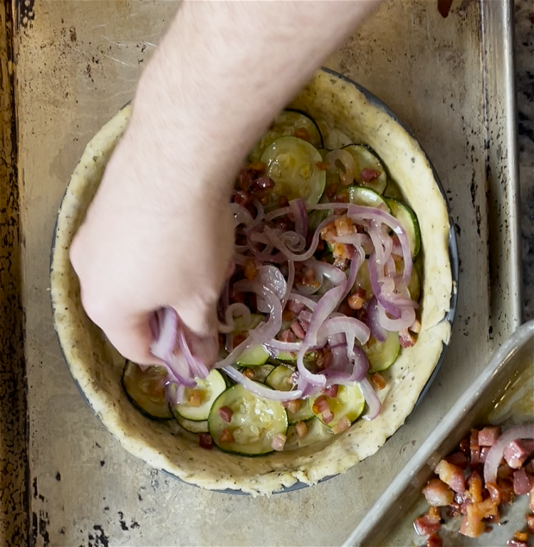 Image of Layer the zucchini, onion and pancetta mixture in the pie...