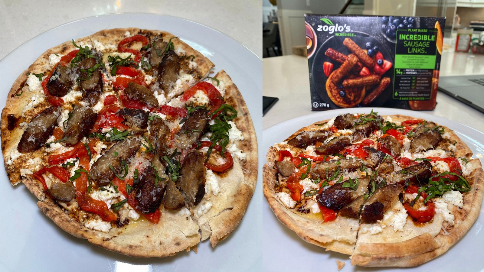 Image de Pizza pita avec liens de saucisses végétales, ricotta et poivrons rôtis au feu
