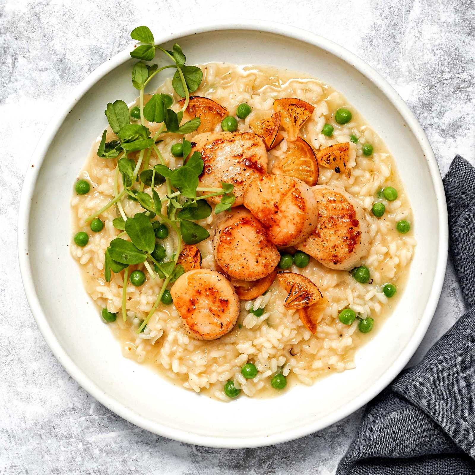 Image of Lemon Risotto with Pan-Seared Scallops and Pea Shoots