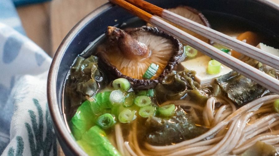 Image of Miso noodle soup with wakame leaf